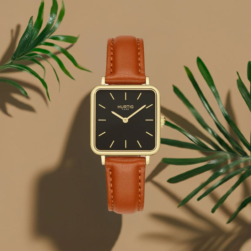 Neliö Square Vegan Leather Watch Gold, Black & Tan Watch Hurtig Lane Vegan Watches