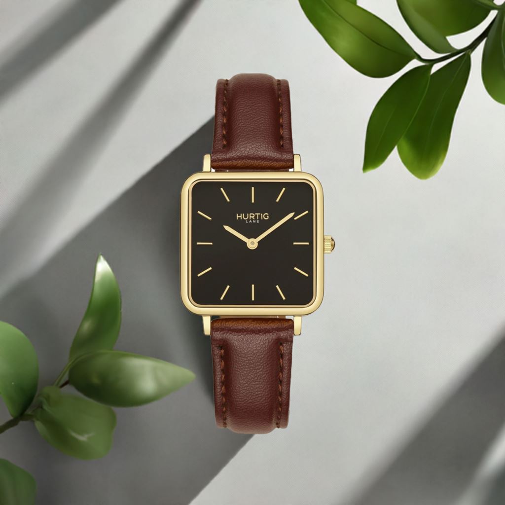 Neliö Square Vegan Leather Gold/Black/Chestnut Watch Hurtig Lane Vegan Watches