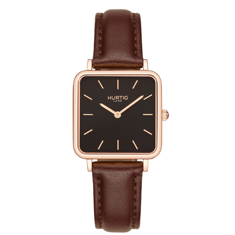 Neliö Square Vegan Leather Rose Gold/Black/Chestnut Watch Hurtig Lane Vegan Watches