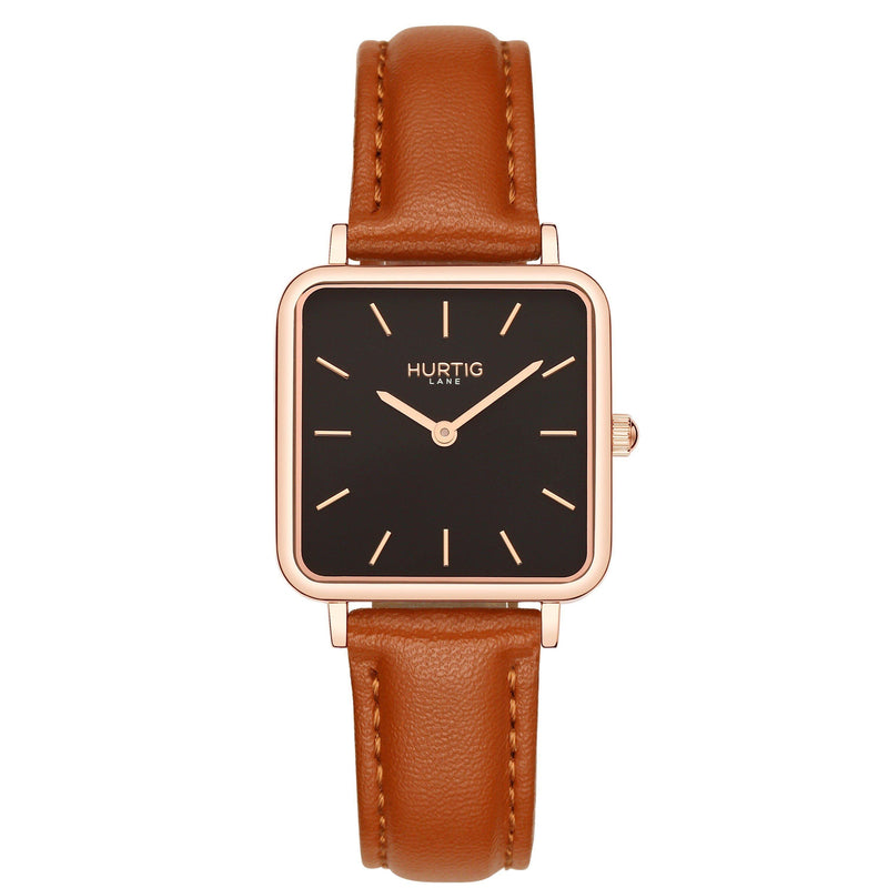 Neliö Square Vegan Leather Rose Gold/Black/Chestnut Watch Hurtig Lane Vegan Watches