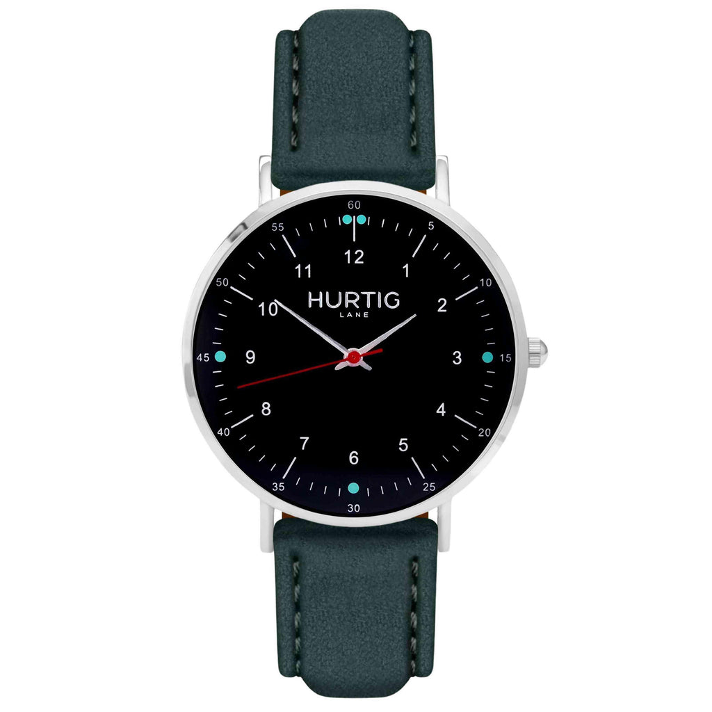 Moderno Vegan Suede Watch Silver, Black & Forest Green Watch Hurtig Lane Vegan Watches