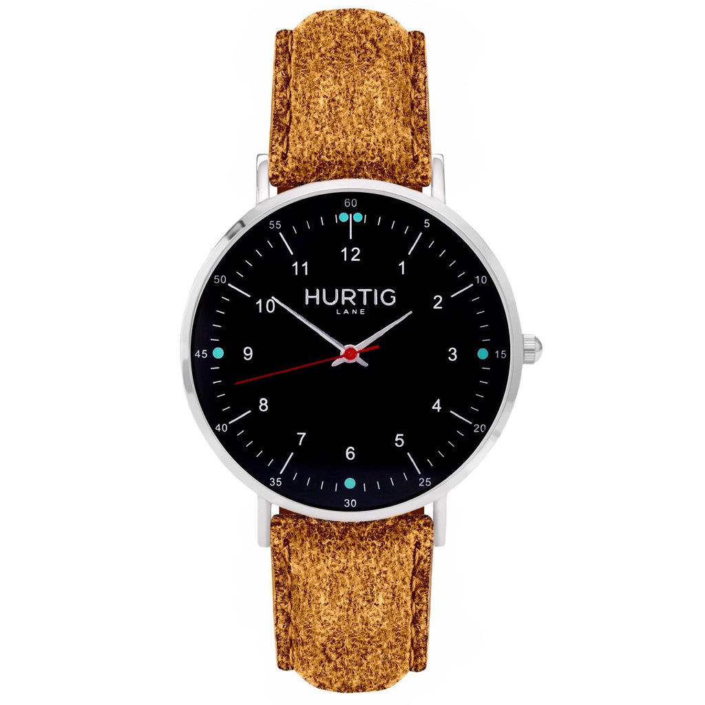 Moderno Vegan Tweed Watch Silver, Black & Camel Brown Watch Hurtig Lane Vegan Watches