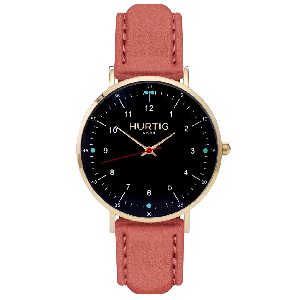 Moderno Vegan Suede Watch Gold, Black & Coral Watch Hurtig Lane Vegan Watches