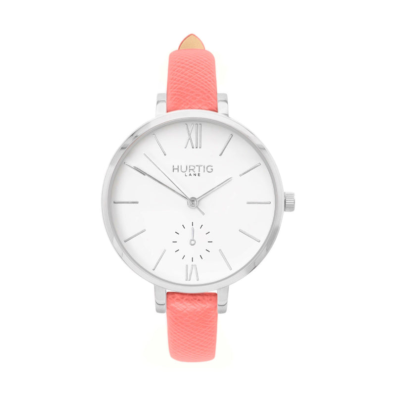 sustainable vegane uhr- vegan leather watch silver and pink petite women's vegan watch