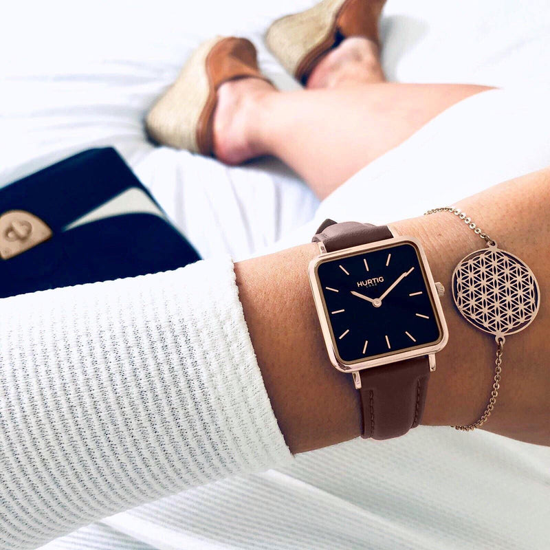 women's vegan watch rose gold, black and brown