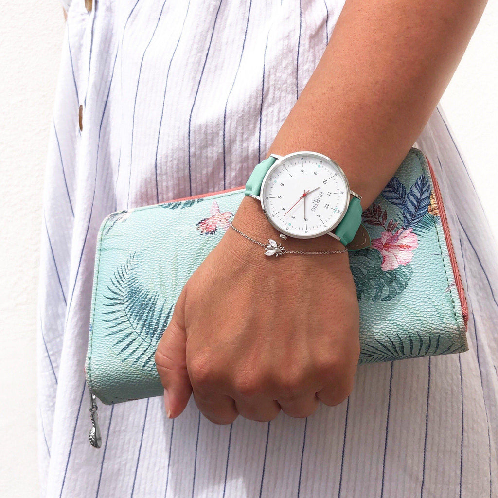 hurtig lane vegan leather watch silver, white and mint. Vegane uhren