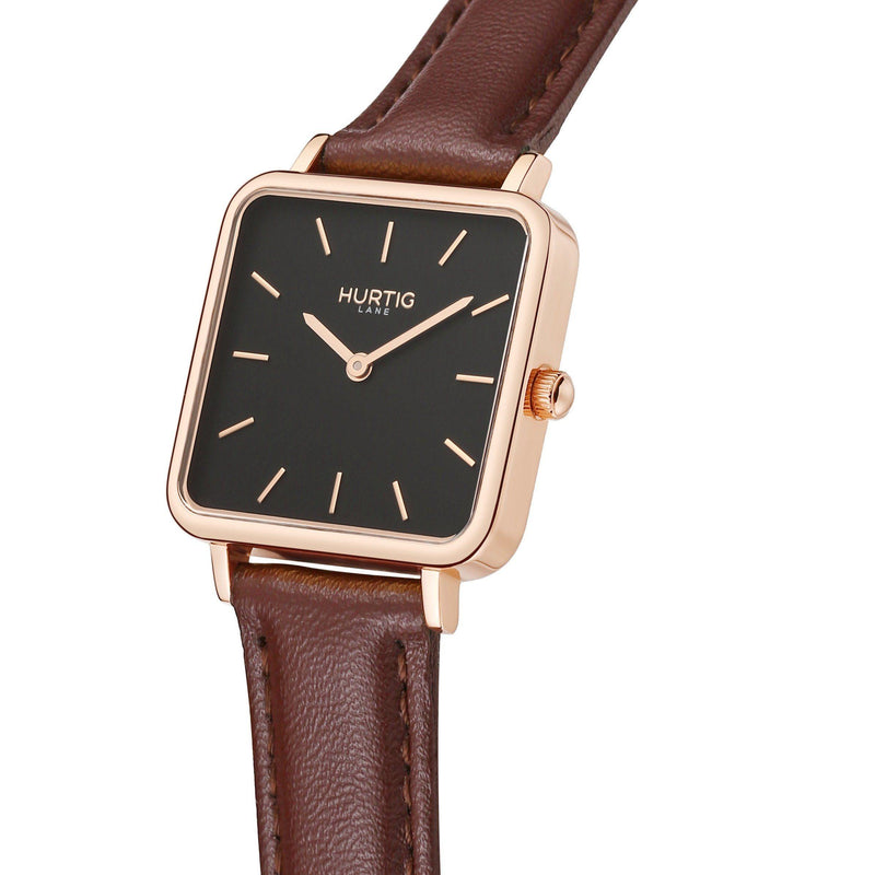 Neliö Square Vegan Leather Rose Gold/Black/Chestnut Watch Hurtig Lane Vegan Watches