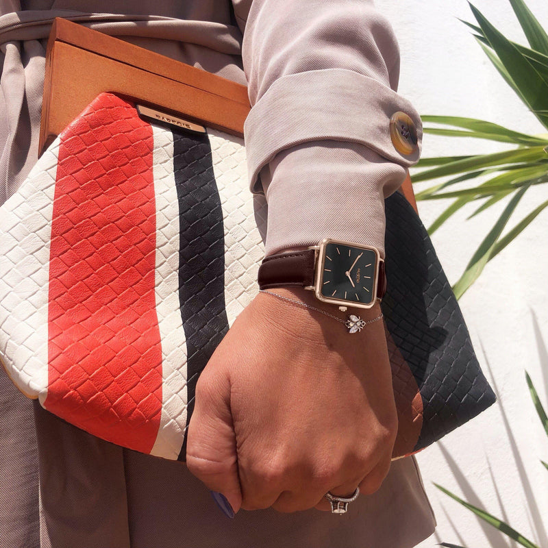 Vegan square watch Rose gold, black & chestnut